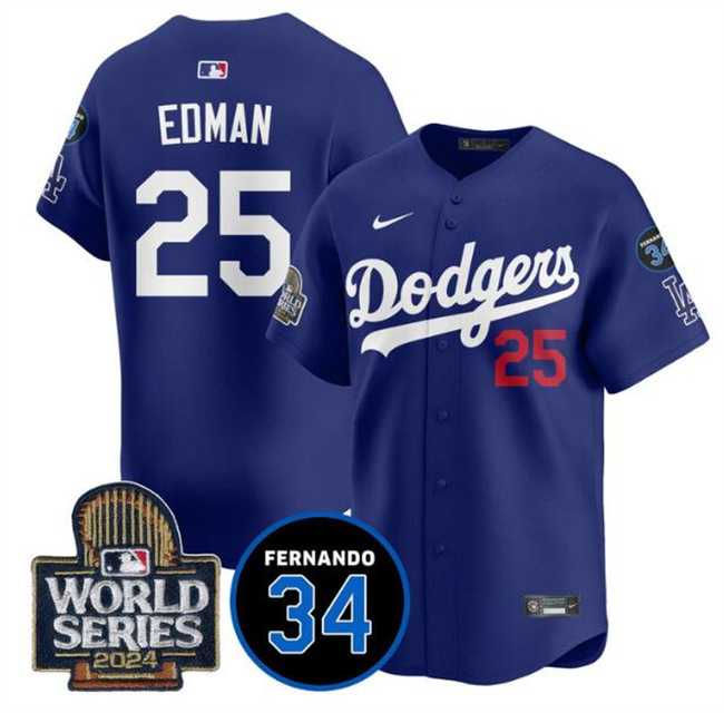 Men%27s Los Angeles Dodgers #25 Tommy Edman Royal 2024 World Series With Fernando Memorial Patch Alternate Limited Stitched Jersey Dzhi